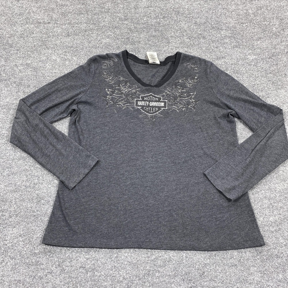 Harley-Davidson Shirt Womens XL Gray Long Sleeve V-Neck‎ Motorcycle Graphic Tee